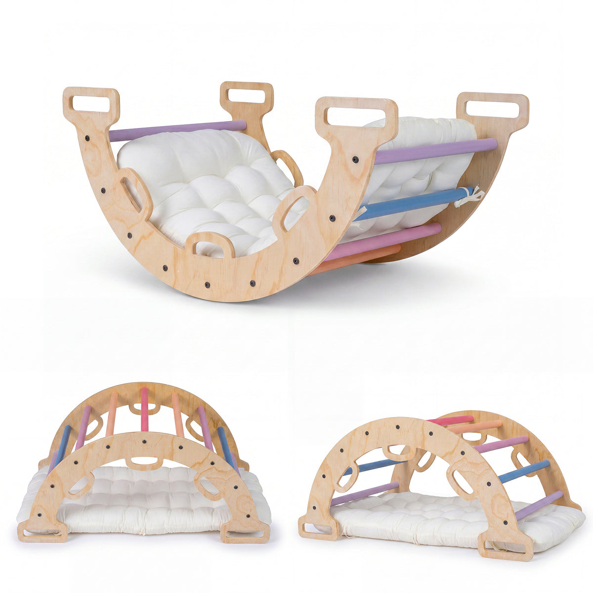The climbing frame shown from three perspectives with the cushion attached underneath