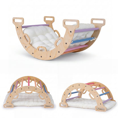 The climbing frame shown from three perspectives with the cushion attached underneath