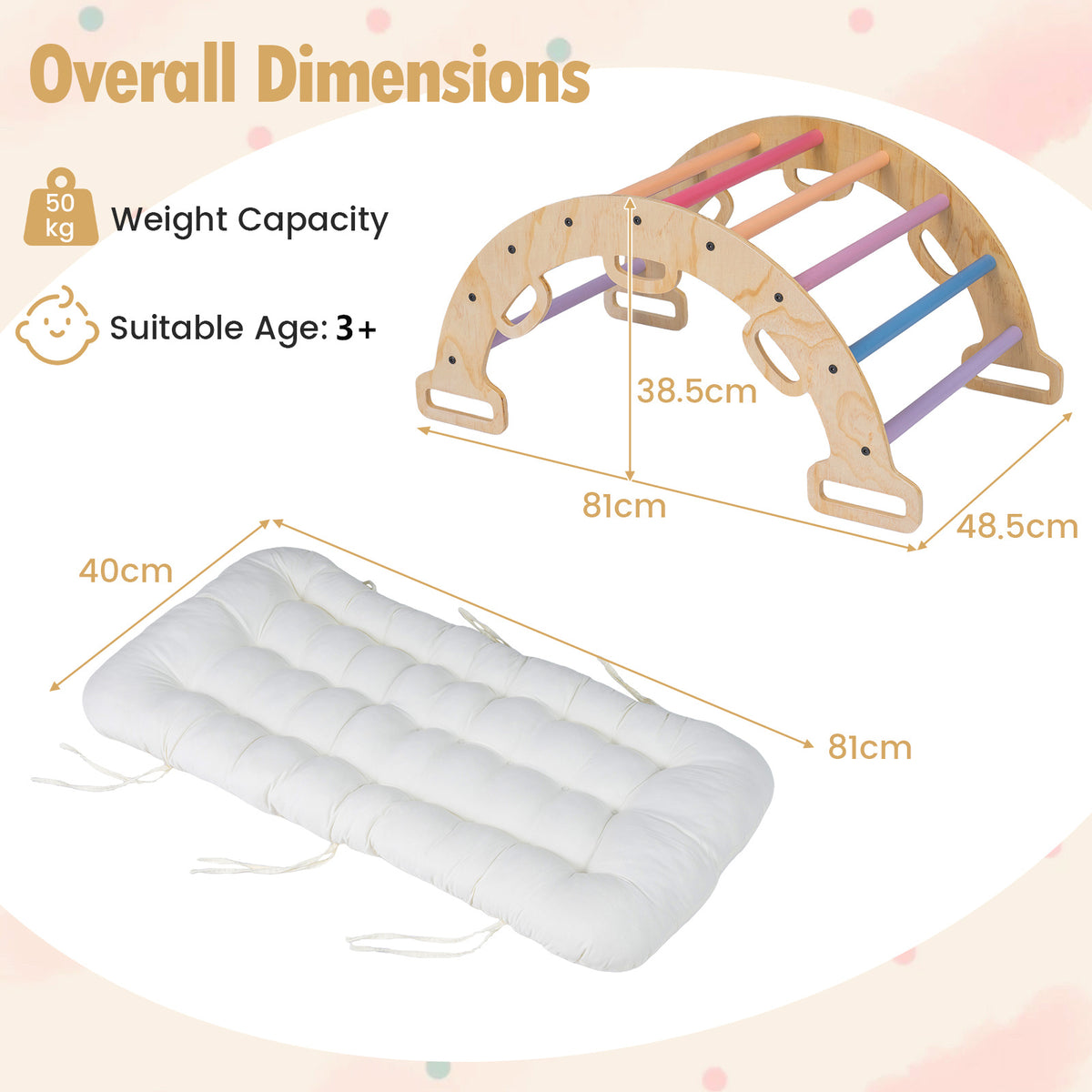 The climbing frame and cushion shown with labels indicating the overall product dimensions