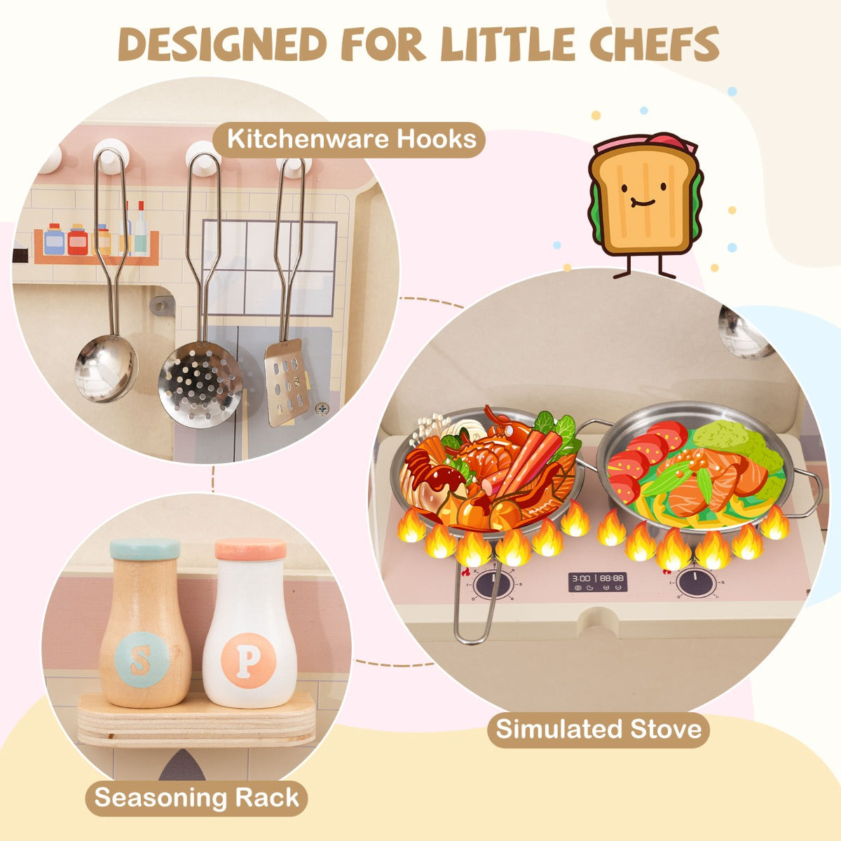 The kitchen section of the wooden sensory wall panel shows hooks and a seasoning rack with shakers