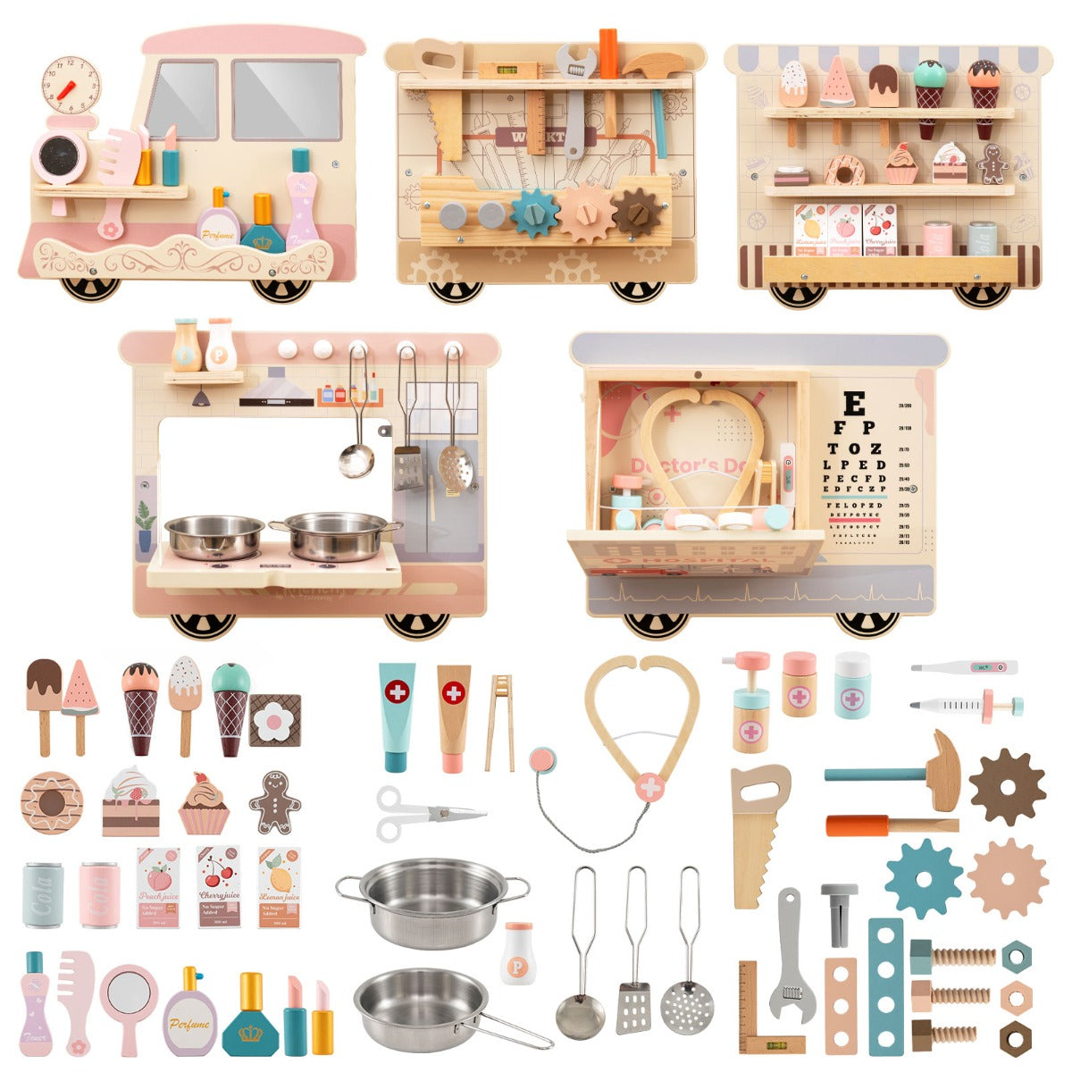 A collage of the wooden sensory wall panel sections and included accessories