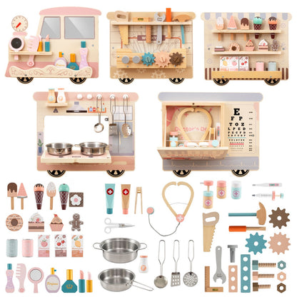 A collage of the wooden sensory wall panel sections and included accessories