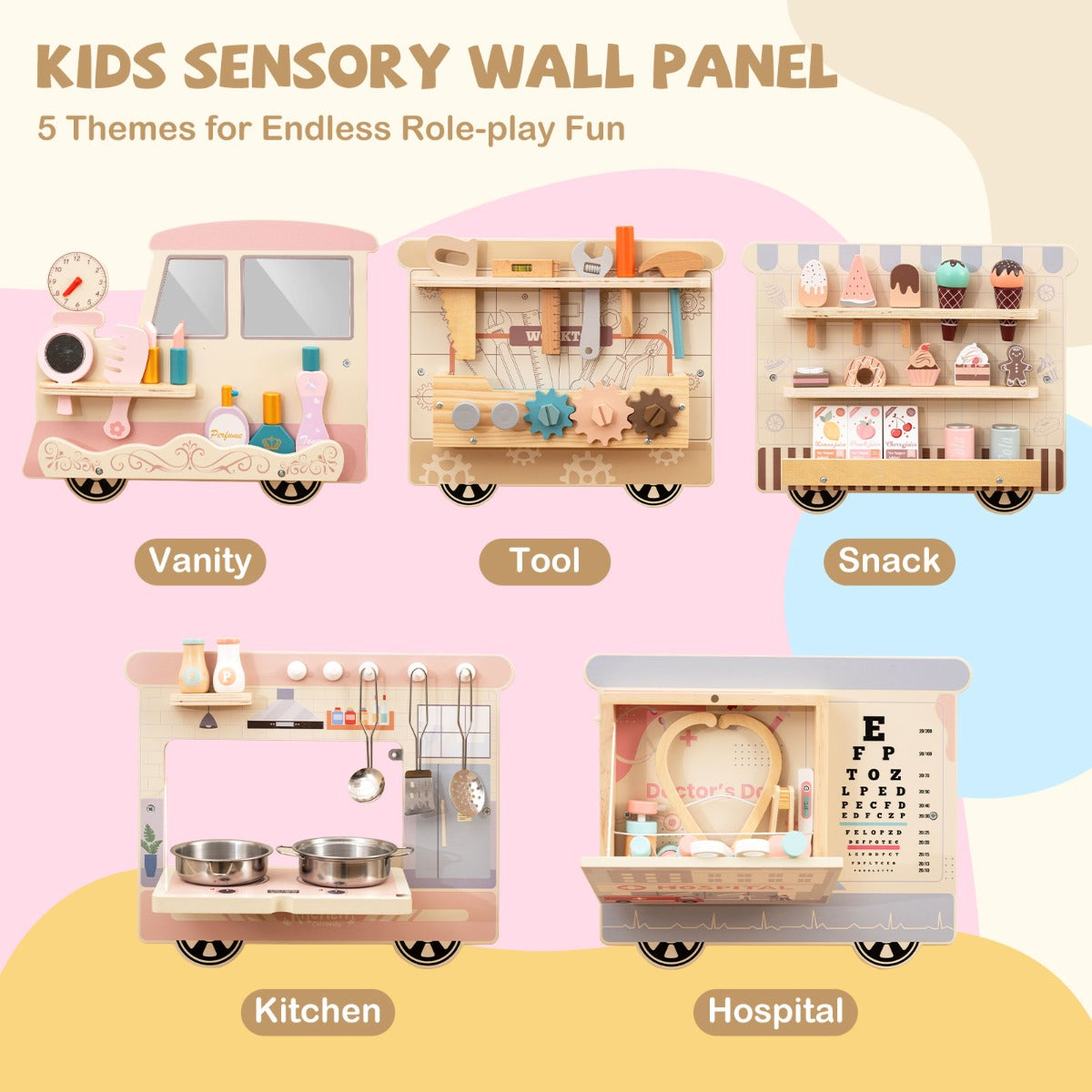Five themes for the wooden sensory wall panel: vanity, tool, snack, kitchen, and hospital