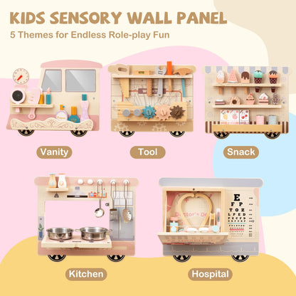 Five themes for the wooden sensory wall panel: vanity, tool, snack, kitchen, and hospital