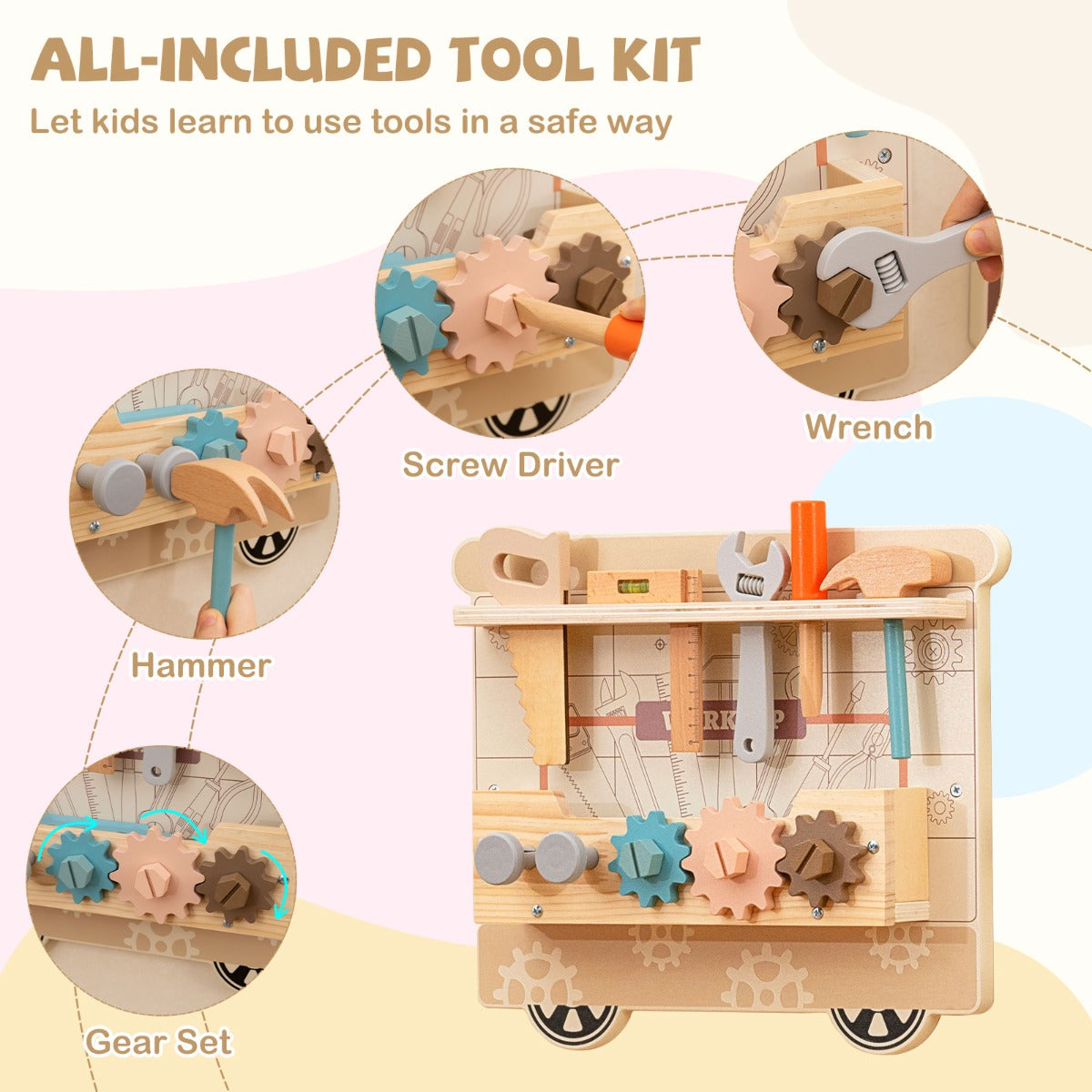 The tool section of the wooden sensory wall panel includes a hammer, wrench, and screwdriver