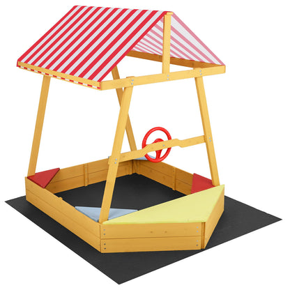 Wooden Ship-shaped Sandpit with steering wheel and red and white striped canopy