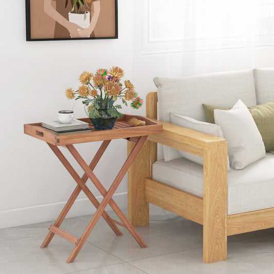 The wooden side table is shown in a living room setting next to a sofa