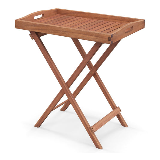 Wooden Side Table with a slatted tabletop and sturdy X-shaped frame