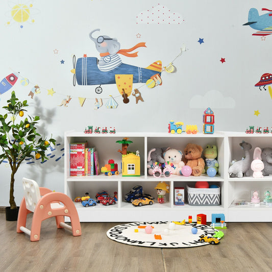 The kids storage unit placed in a playroom filled with various toys and plush animals