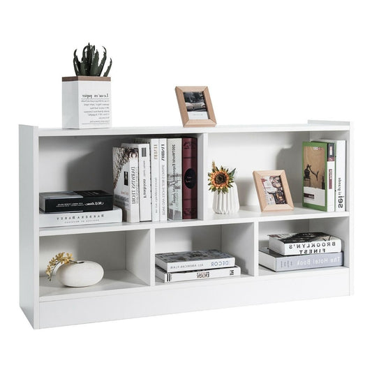 Wooden Storage Bookcase with 2 Tiers and 5 Cubes filled with books and decorative items