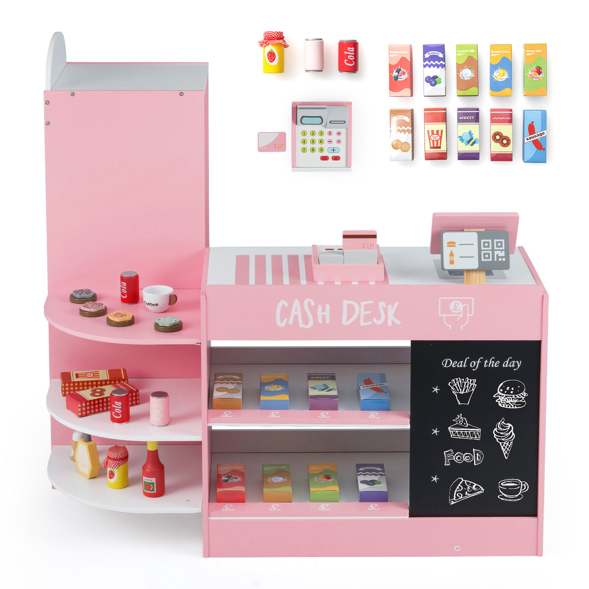 Close up of the pink wooden supermarket play toy with accessories