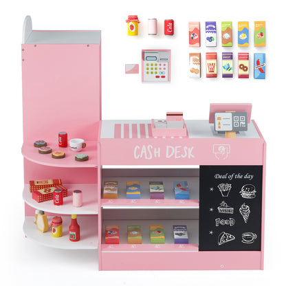 Close up of the pink wooden supermarket play toy with accessories