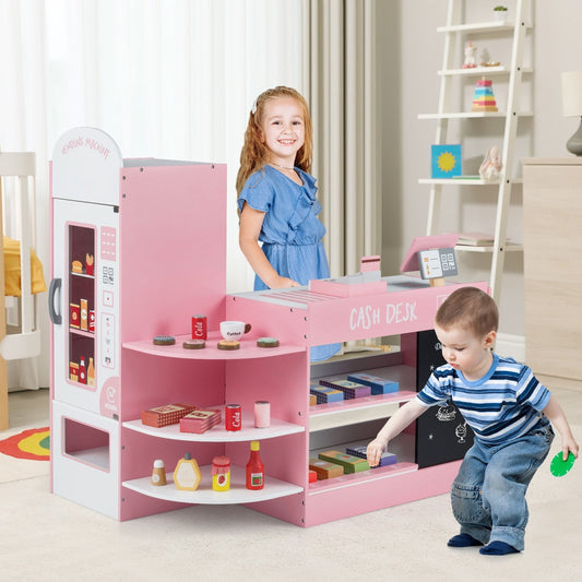 Two children playing with the pink wooden supermarket toy set in a room
