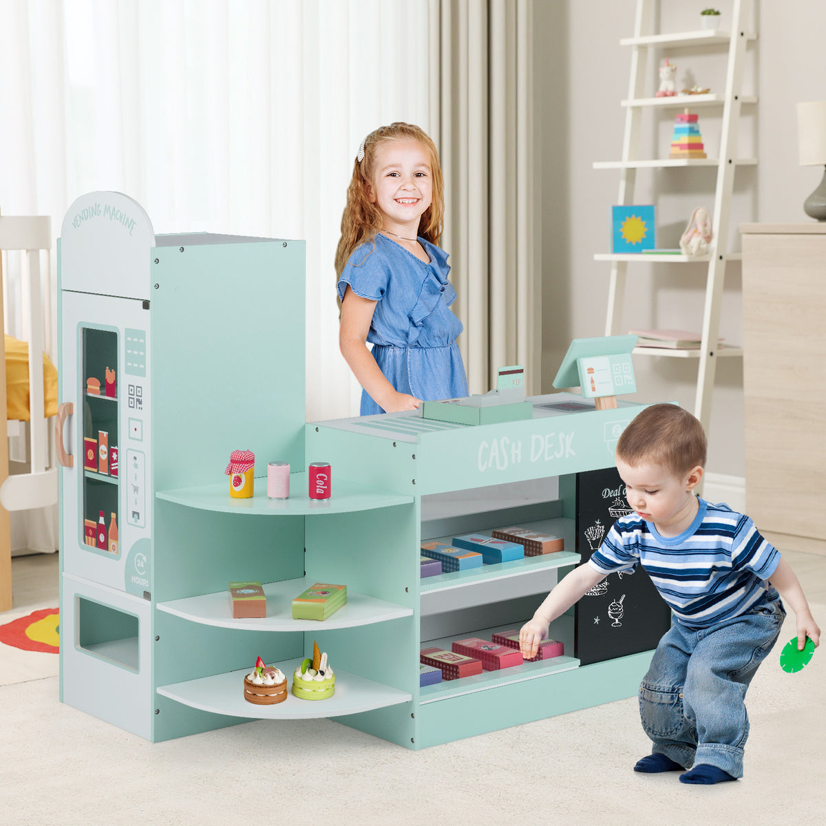 Children playing at the green wooden supermarket play kitchen set with cash register