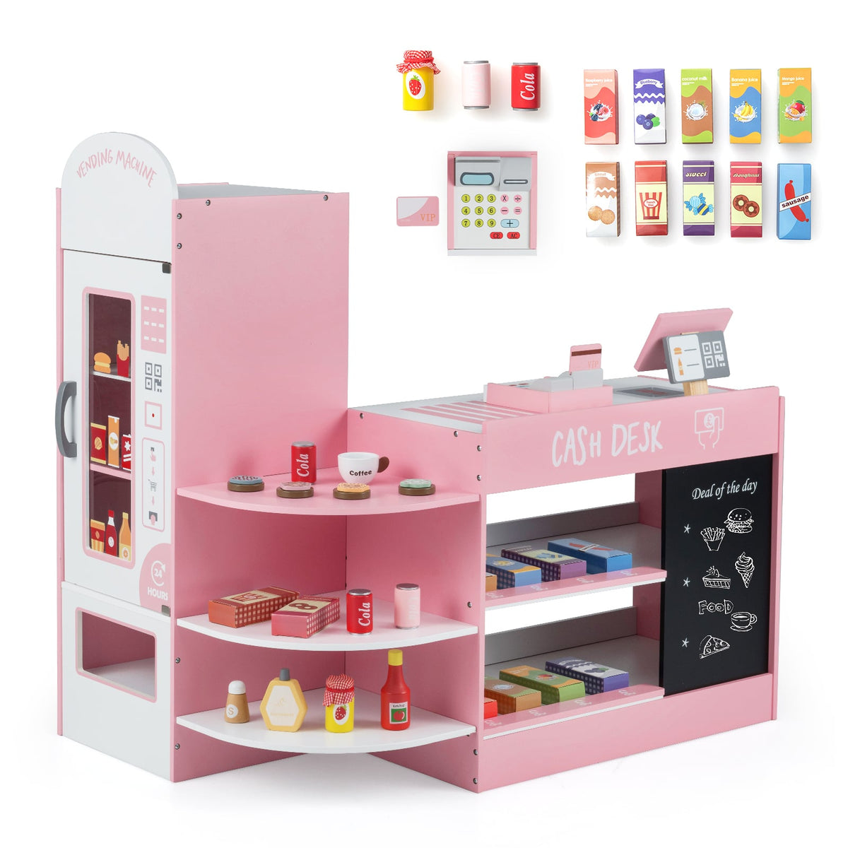 Wooden Supermarket Play Toy Set with cash register and POS machine in pink
