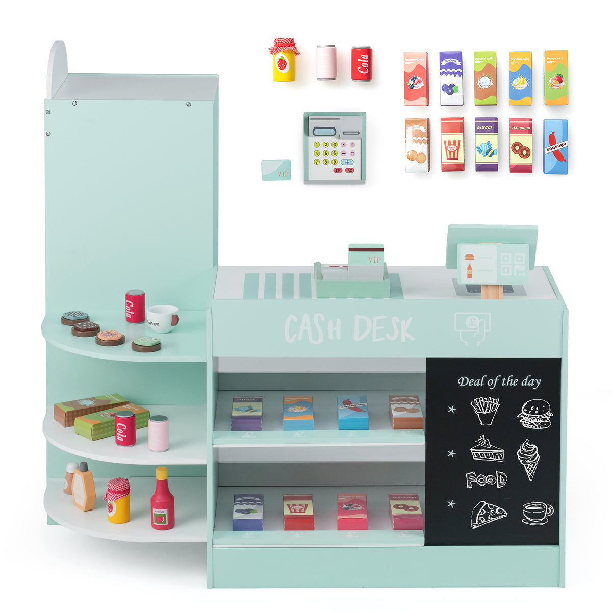 Green wooden supermarket play kitchen set with food and drink accessories laid out