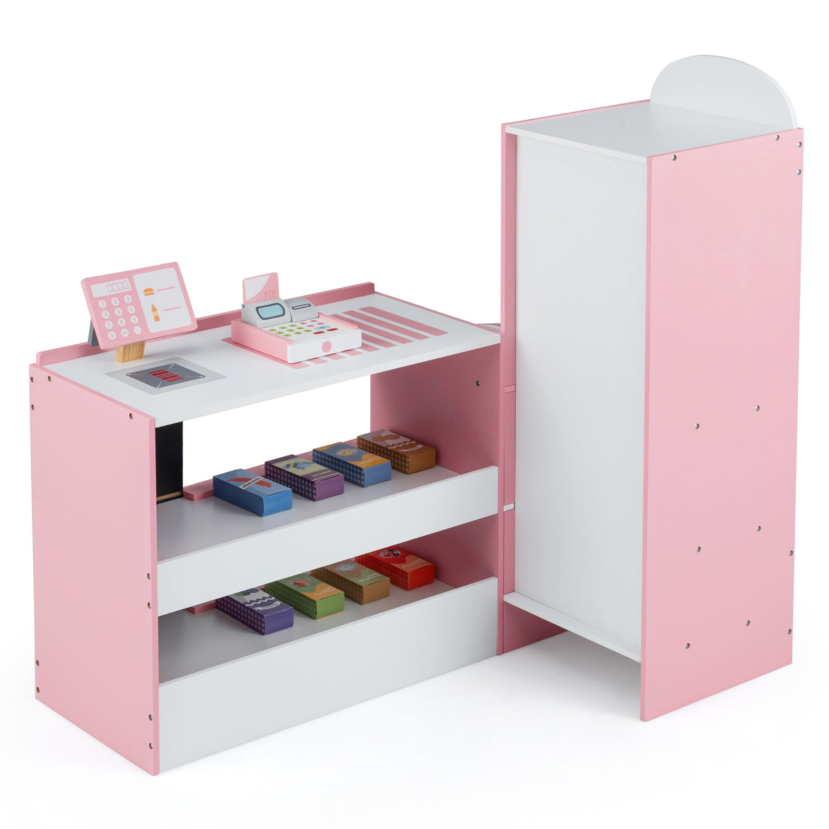 Side view of the pink wooden supermarket play toy with shelves