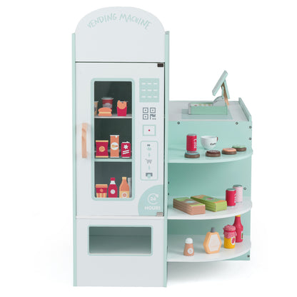 The green wooden supermarket play kitchen set showing the vending machine section