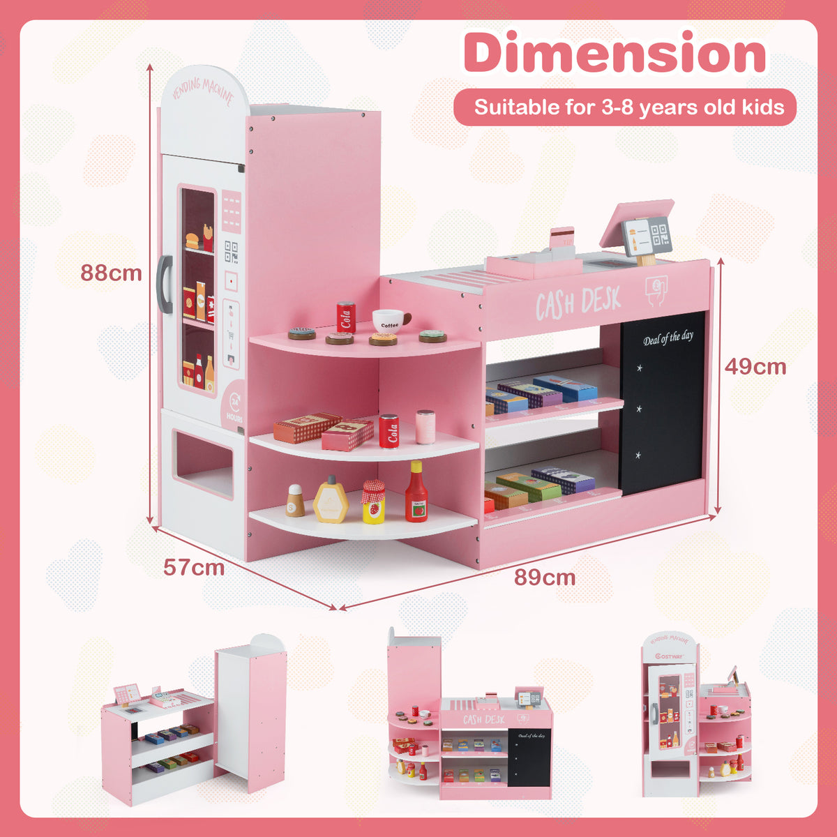 Dimension diagram showing the size of the pink wooden play kitchen set