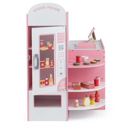 Close up of the vending machine part of the pink wooden play kitchen
