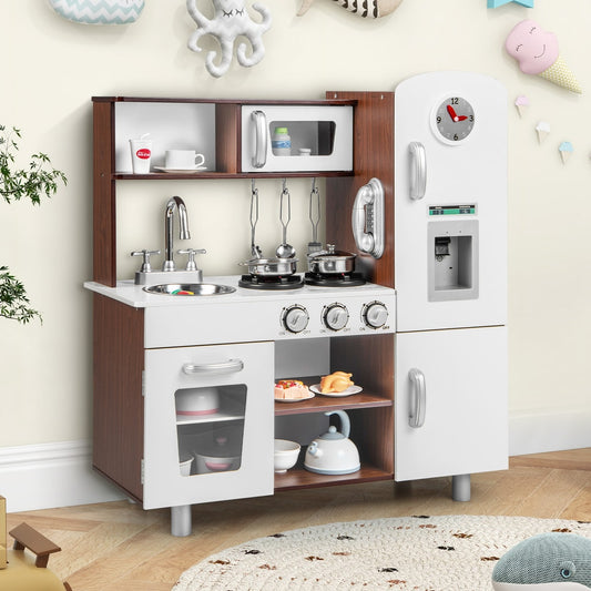 The brown and white wooden play kitchen, complete with microwave, oven, and fridge, set up in a child's room