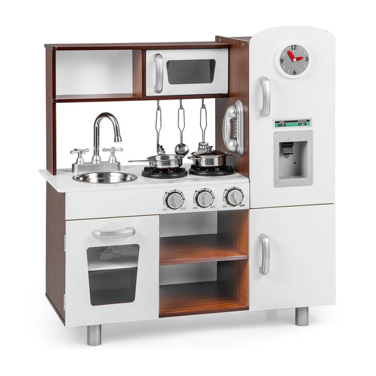 Wooden Toddler Kitchen Playset with Realistic Lights and Sounds, a brown wooden play kitchen with oven, sink and fridge