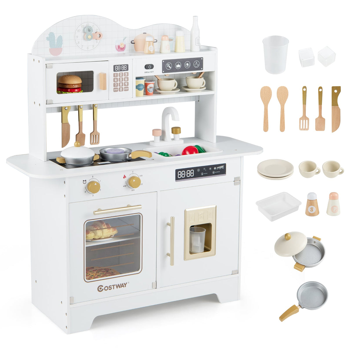 Wooden Toddler Play Kitchen with 17 Pieces Accessories, a white play kitchen with oven, microwave and sink