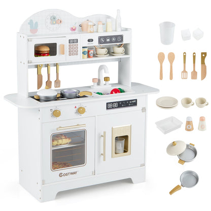 Wooden Toddler Play Kitchen with 17 Pieces Accessories, a white play kitchen with oven, microwave and sink