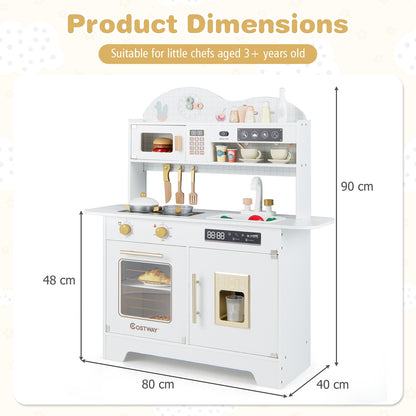 Product dimensions diagram for the white play kitchen set, showing height, width and depth