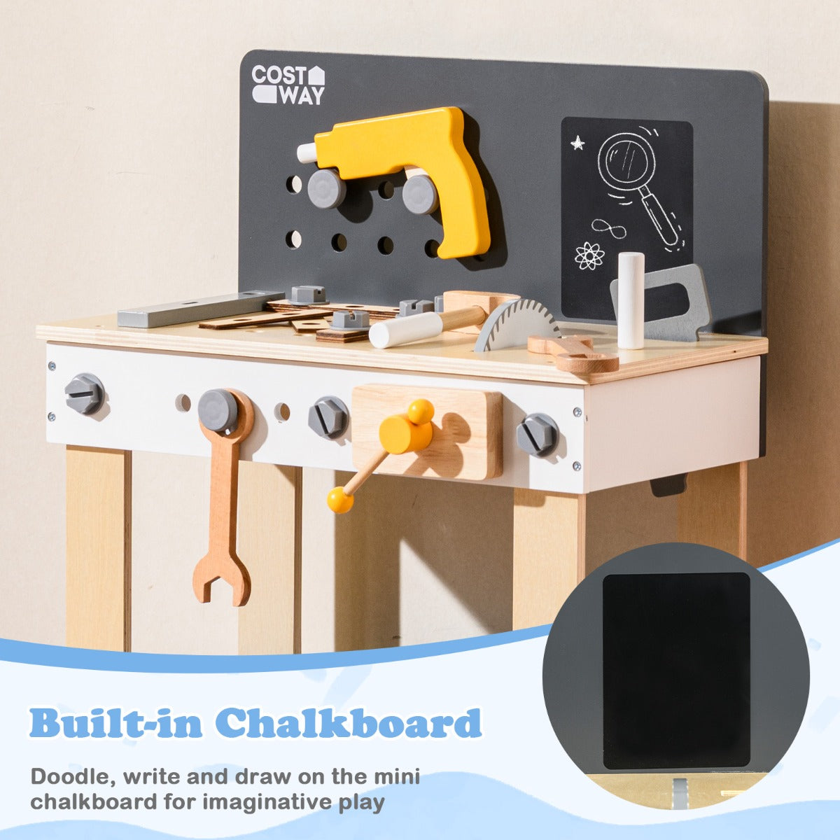 Close-up of the built-in chalkboard on the wooden toddler workbench playset