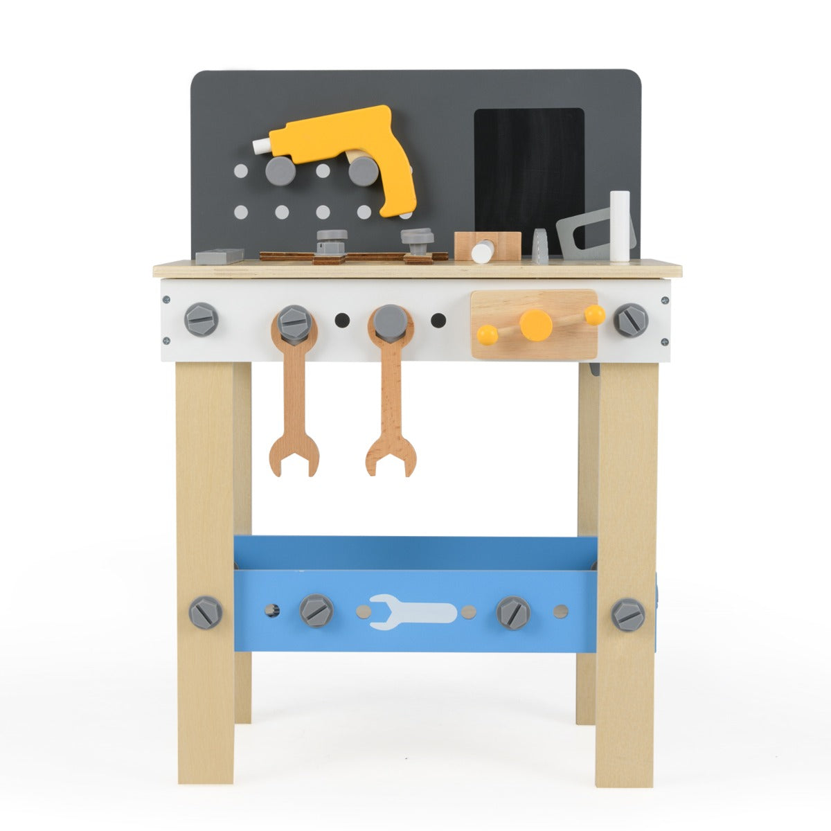 Wooden Toddler Workbench Playset with Pegboard and Storage Shelf, a front view of the toy workbench with tools and