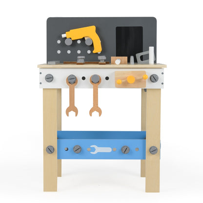 Wooden Toddler Workbench Playset with Pegboard and Storage Shelf, a front view of the toy workbench with tools and