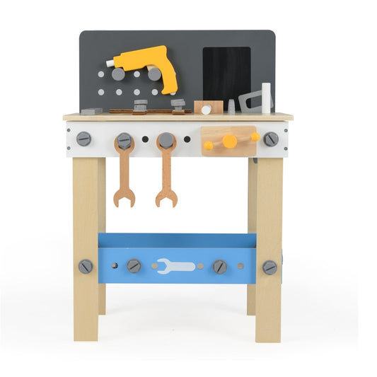 Wooden Toddler Workbench Playset with Pegboard and Storage Shelf, a front view of the toy workbench with tools and