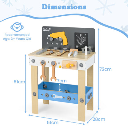 Dimensions of the wooden toddler workbench playset, showing height, width and depth