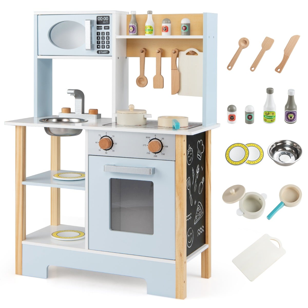 The blue toy kitchen set with accessories including pots, pans, plates and cutting board
