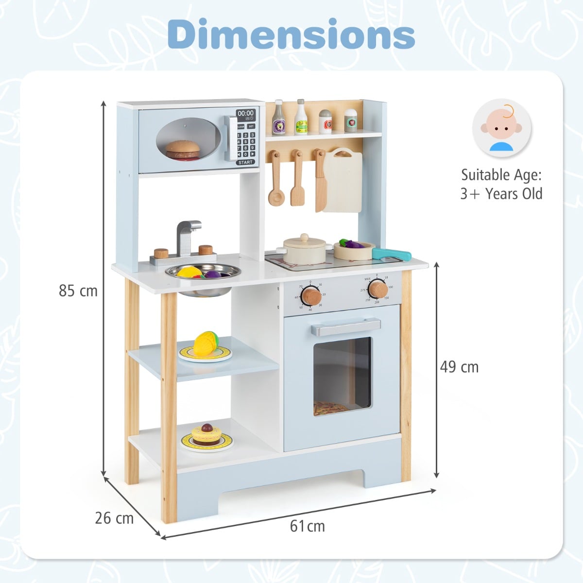Dimensions diagram for the blue toy kitchen set