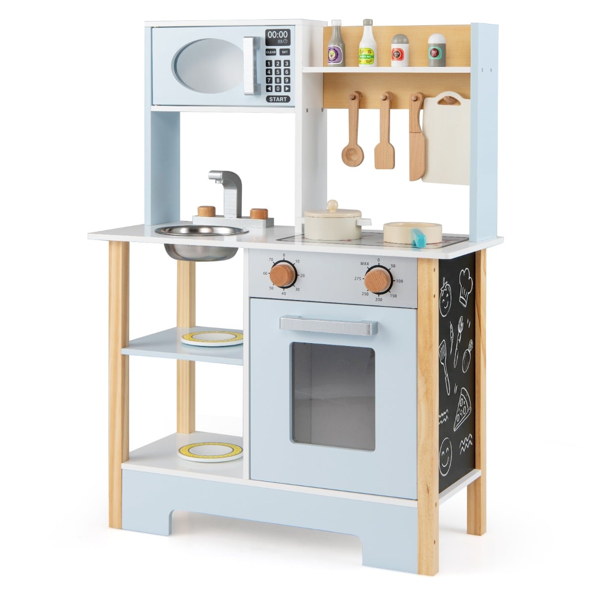 Wooden Toy Kitchen Playset with blue accents, featuring a microwave, oven, sink, and shelves