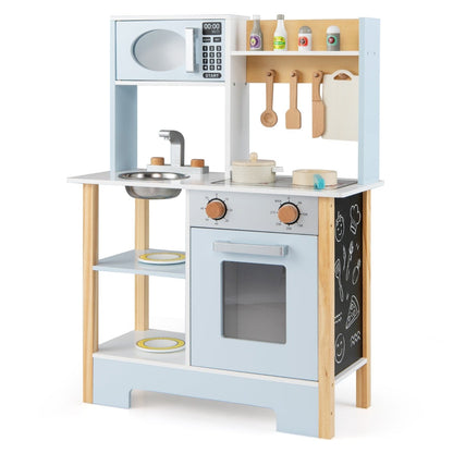 Wooden Toy Kitchen Playset with blue accents, featuring a microwave, oven, sink, and shelves