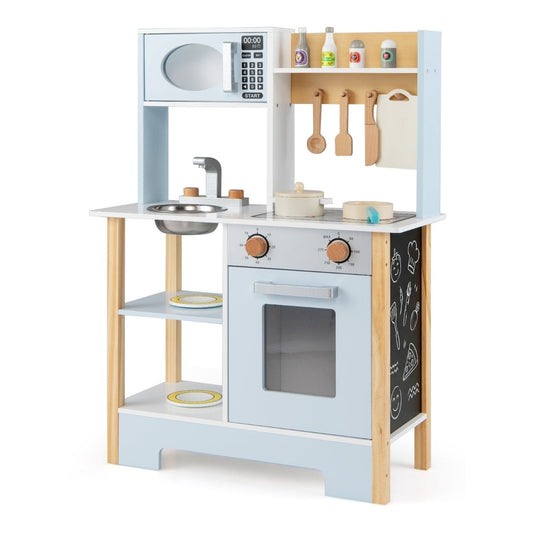 Wooden Toy Kitchen Playset with blue accents, featuring a microwave, oven, sink, and shelves