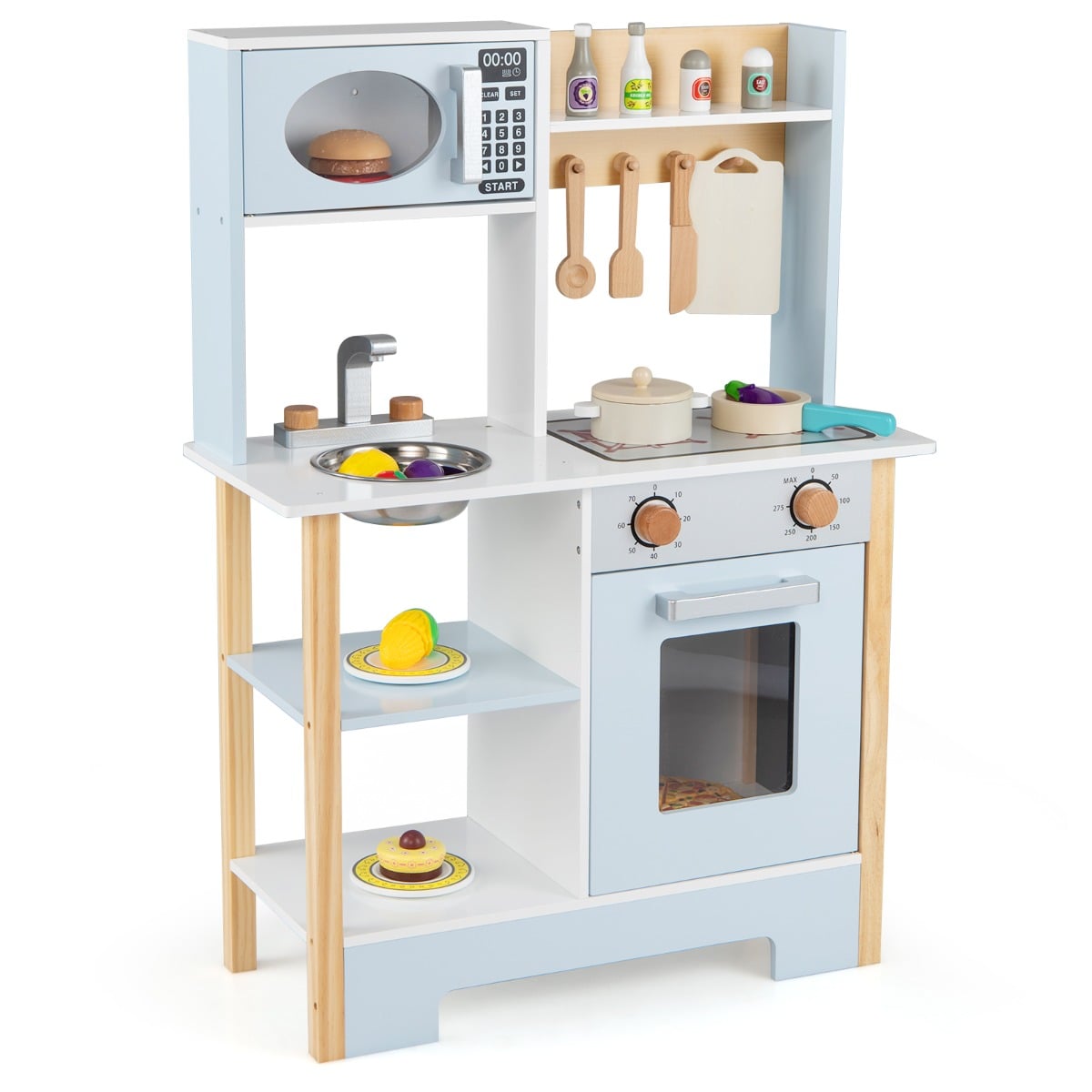 Close-up of the blue toy kitchen set's oven and stovetop