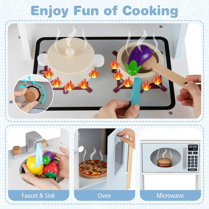 Collage showing play food, oven interior, and microwave interior of the toy kitchen