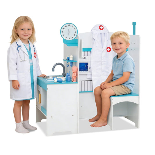 Wooden Toy Medical Center Playset with faucet and ECG monitor, featuring two children in doctor coats