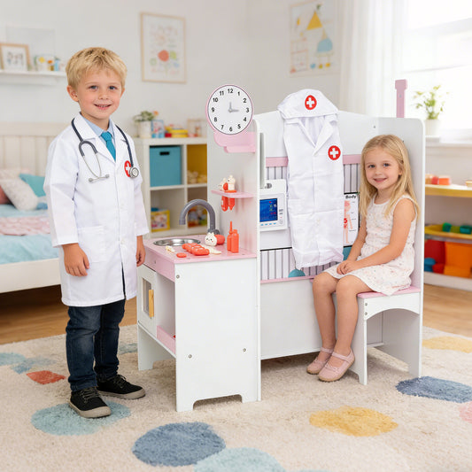 the pink medical play centre with a clock and sink in a bright bedroom