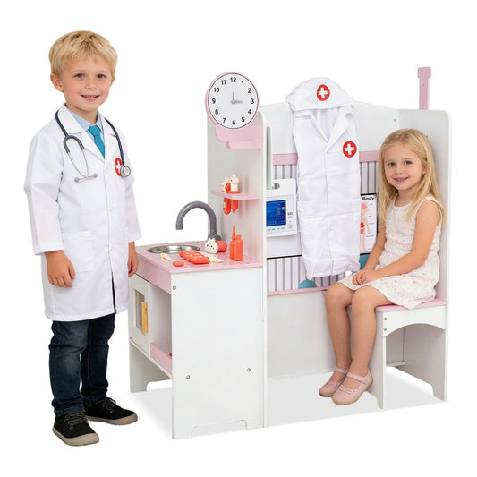Wooden Toy Medical Center Playset with a boy and girl dressed as doctors in a white studio