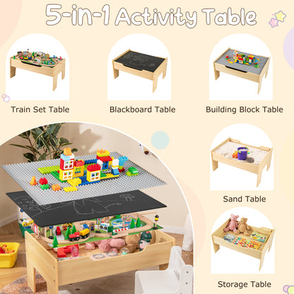 Collage showing the five different ways to use the wooden train table: train, blackboard, building, sand, and storage