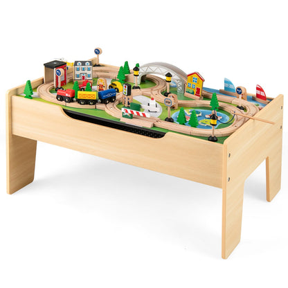 Wooden Train Table 78 Pieces Kids Activity Railway Playset set up with tracks, trains, trees and buildings