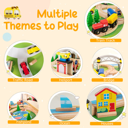 Collage of different play themes for the wooden train table including traffic, heliport, bridge, fishpond, ocean, and houses