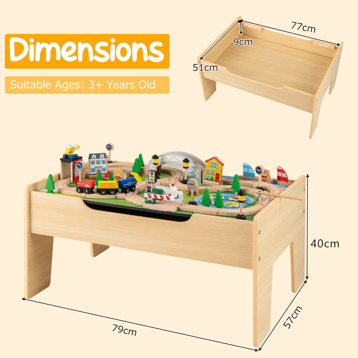 Dimensions diagram showing the size of the wooden train table and its storage compartment