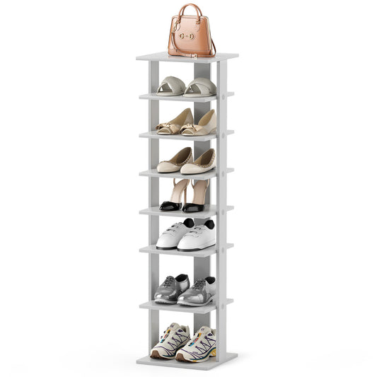 Wooden Vertical Shoe Rack with 7 Shelves, a tall grey unit with seven shelves holding shoes and a handbag