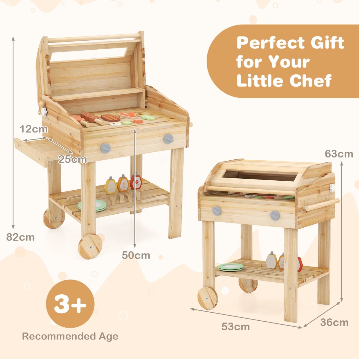 Wooden Barbecue Grill Toy Set with Play Food and Grilling Tools for kids-Natural